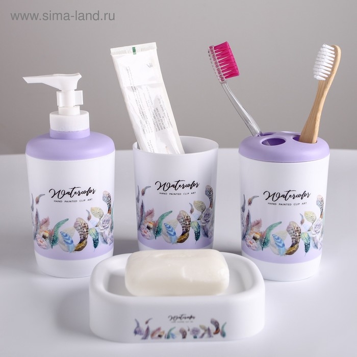 Набор аксессуаров для ванной комнаты &laquo;Лёгкость пера&raquo;, 6 предметов (мыльница, дозатор, 2 стакана, ёрш, ведро), цвет белый