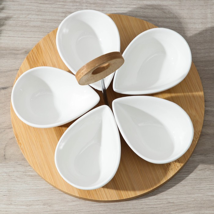 Набор салатников керамических на деревянной подставке &laquo;Эстет. Лепесток&raquo;, 5 предметов: 90 мл, цвет белый