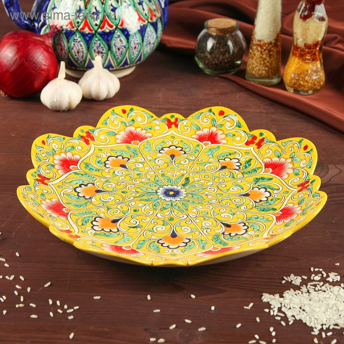 Ляган Риштанская Керамика Ляган Риштанская Керамика "Цветы", 31 см, жёлтый микс, рифлённый