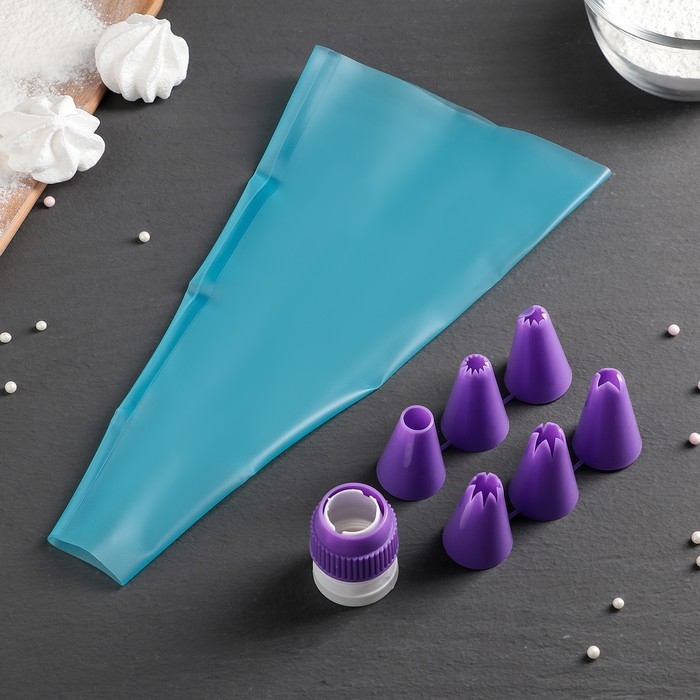 Набор кондитерский Доляна «Бирюза», 6 насадок (основание насадки 2,5 см), 29×19×3,5 см, насадки и цвет МИКС Набор кондитерский Доляна «Бирюза», 6 насадок (основание насадки 2,5 см), 29×19×3,5 см, насадки и цвет МИКС