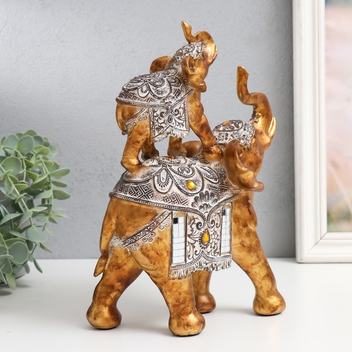 Сувенир полистоун "Слон со слонёнком на спине - попона с узорами и янтарём" 18,5х9х25,5 см