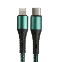 Кабель Type-C - Lightning, 3 А, 66 W, быстрая зарядка, тканевая оплётка, 1 метр, зелёный