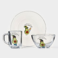 Набор для завтрака &laquo;Авокадо&raquo;, 3 предмета: кружка 200 мл, салатник 450 мл, тарелка, рисунок микс