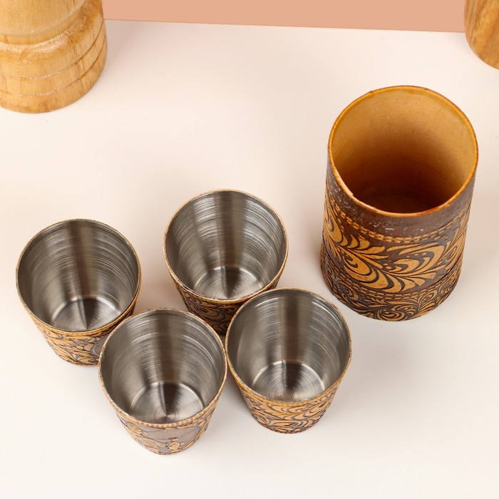 Набор стопок &laquo;Рыбак&raquo;, 4 шт, в футляре, 4,5&times;4,5&times;9 см, береста