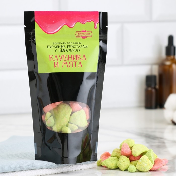 Бомбочки для ванны Бомбочки для ванны "Бурлящие кристаллы Клубника и Мята " с шиммером 150 гр Добропаровъ