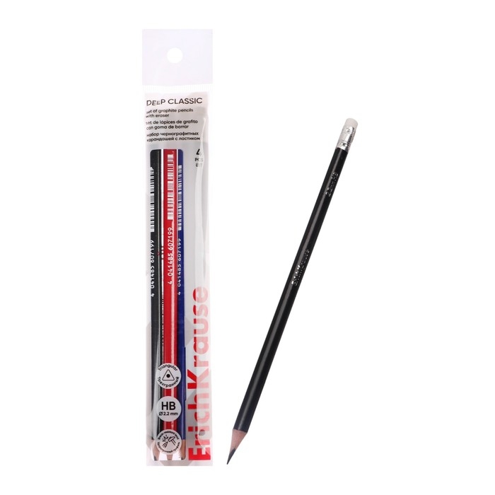 Набор чернографитных карандашей с ластиком 4 штуки ErichKrause Набор чернографитных карандашей с ластиком 4 штуки ErichKrause "Deep Classic triangular", HB, грифель d=2.2 мм, дерево, трехгранных в пакете, микс