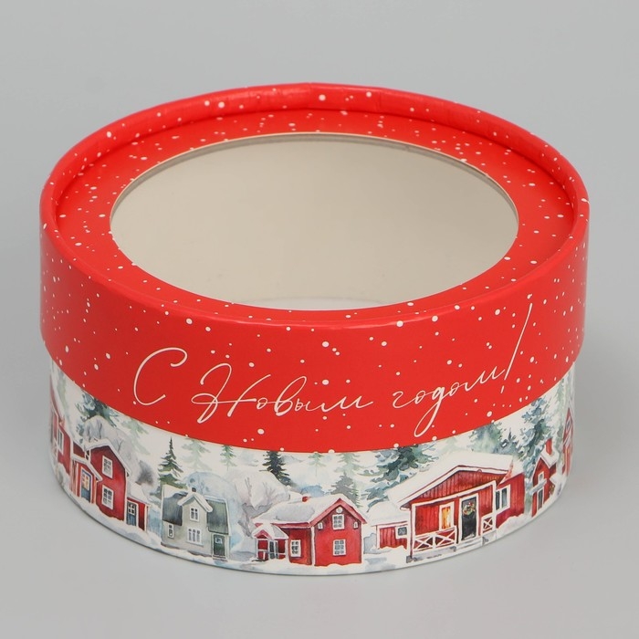 Коробка для макарун тубус с окном &laquo;Зимний город&raquo;, 12 х 12 х 5 см, Новый год