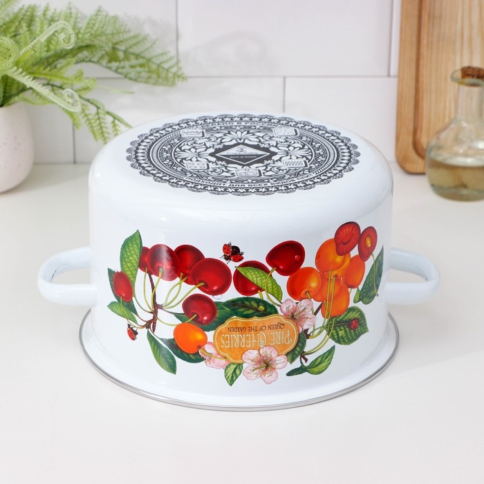 Кастрюля эмалированная &laquo;Черешня&raquo;, 5.5 л, индукция, цвет белый