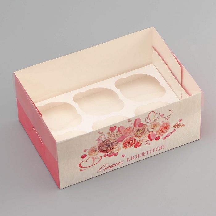 Коробка для 6 капкейков с прозрачной крышкой, Коробка для 6 капкейков с прозрачной крышкой, "Сладких моментов", 23 × 16 × 10 см, кондитерская упаковка
