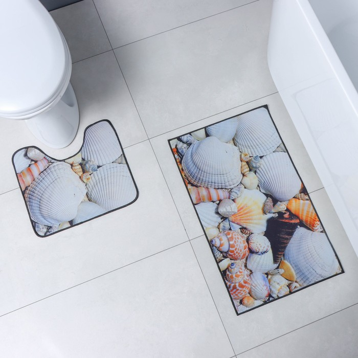 Коврики для ванной и туалета Доляна «Ракушки», 2 шт: 40×45 см, 45×75 см Коврики для ванной и туалета Доляна «Ракушки», 2 шт: 40×45 см, 45×75 см