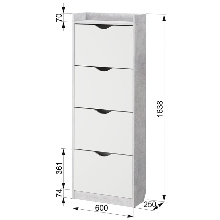 Обувница 64Б, 600х250х1620, Белое сияние/Цемент светлый