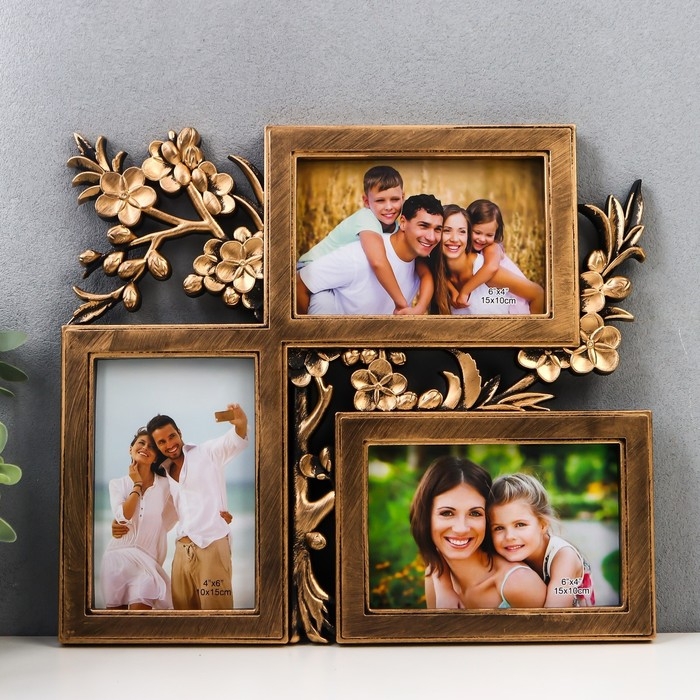 Фоторамка пластик на 3 фото 10х15 см Фоторамка пластик на 3 фото 10х15 см "Цветущая вишня" золото 33х29 см