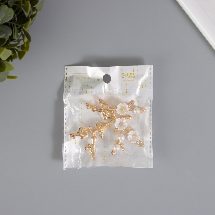 Декор для творчества металл "Ветвь цветочная" стразы, жемчужины 5х6 см