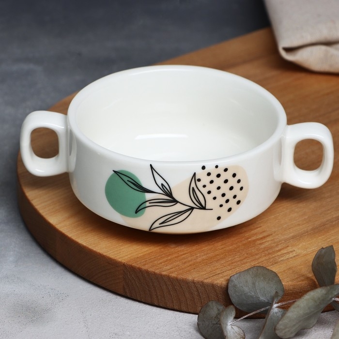 Супница с ручками керамическая &laquo;Веточка&raquo;, 10.5 х 5 см, 220 мл, цвет белый