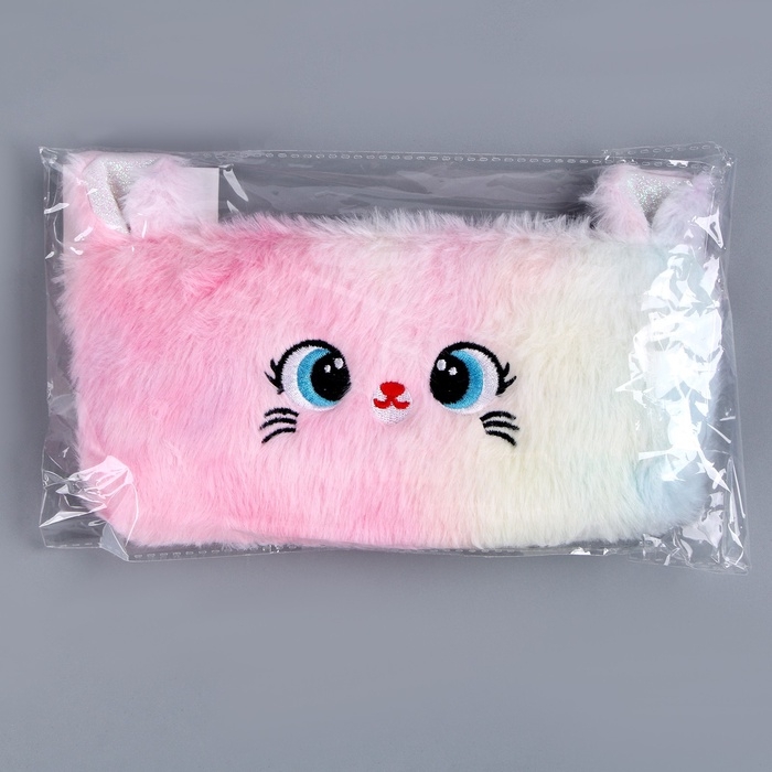 Пенал школьный мягкий &laquo;Котик&raquo;, 20 &times; 10 см, плюш, белый цвет