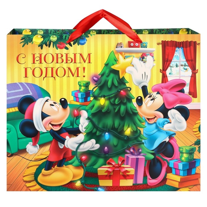 Новый год. Пакет подарочный "С Новым годом!" 49х40х11 см, Микки Маус