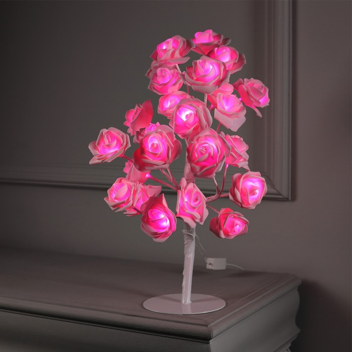 Светодиодный куст &laquo;Розы розовые&raquo; 45 см, 24 LED, постоянное свечение, 220 В, свечение тёплое белое