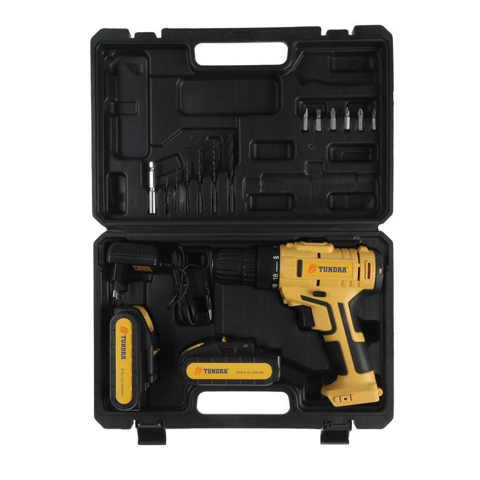 Шуруповерт ТУНДРА, патрон БЗ до 10 мм, LED, 2 х Li-ion 1.3 Ah 20V, 350/1250 об/мин, 28 Н*м Шуруповерт ТУНДРА, патрон БЗ до 10 мм, LED, 2 х Li-ion 1.3 Ah 20V, 350/1250 об/мин, 28 Н*м