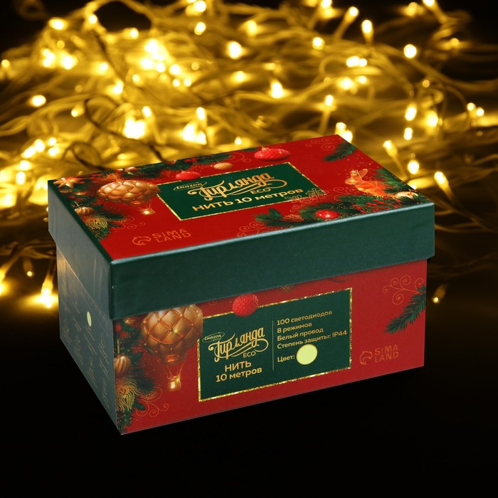 Гирлянда &laquo;Нить&raquo; 10 м, IP44, белая нить, 100 LED, свечение тёплое белое, 8 режимов, 220 В