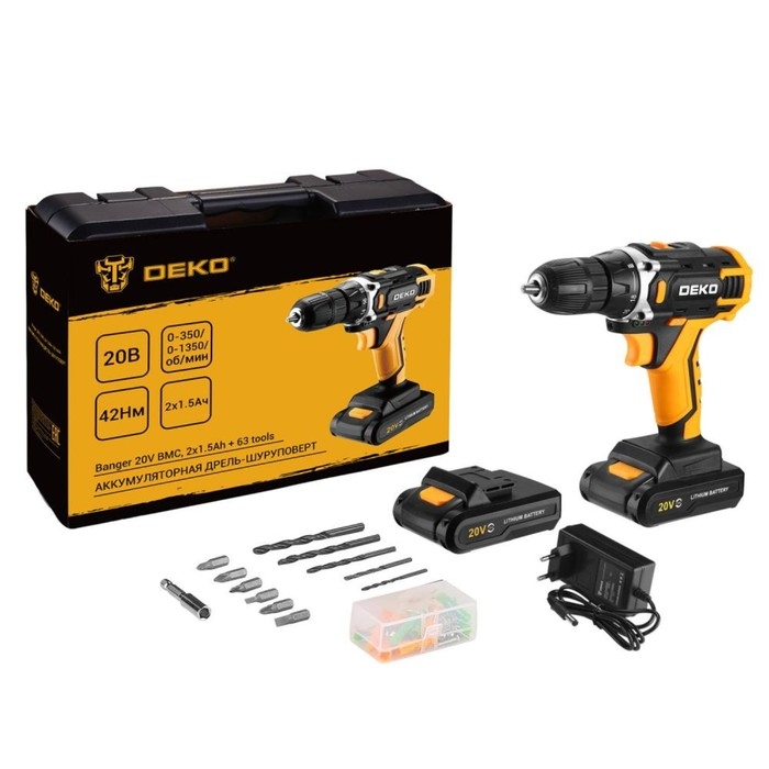 Дрель-шуруповерт DEKO Banger 20V, 20 В, 2х1.5 Ач, кейс + набор инструментов 63 предмета Дрель-шуруповерт DEKO Banger 20V, 20 В, 2х1.5 Ач, кейс + набор инструментов 63 предмета