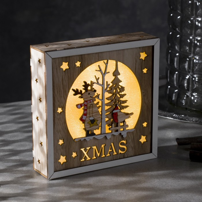 Светодиодная фигура &laquo;Олень и снегирь&raquo; 15 &times; 15 &times; 4 см, дерево, батарейки АААх2 (не в комплекте), свечение тёплое белое