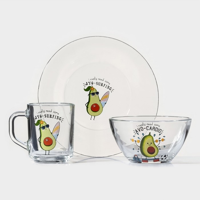 Набор для завтрака &laquo;Авокадо&raquo;, 3 предмета: кружка 200 мл, салатник 450 мл, тарелка, рисунок микс
