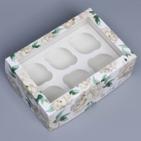 Коробка для капкейков, кондитерская упаковка с окном, 6 ячеек, &laquo;Белые пионы&raquo;, 25 х 17 х 10 см