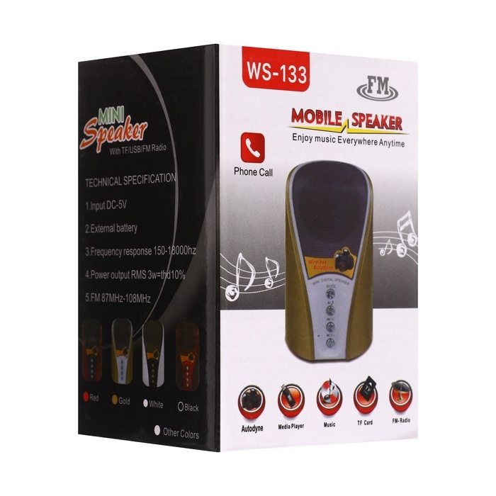 Портативная колонка WS-133, 3 Вт, microSD, FM, USB, белая Портативная колонка WS-133, 3 Вт, microSD, FM, USB, белая