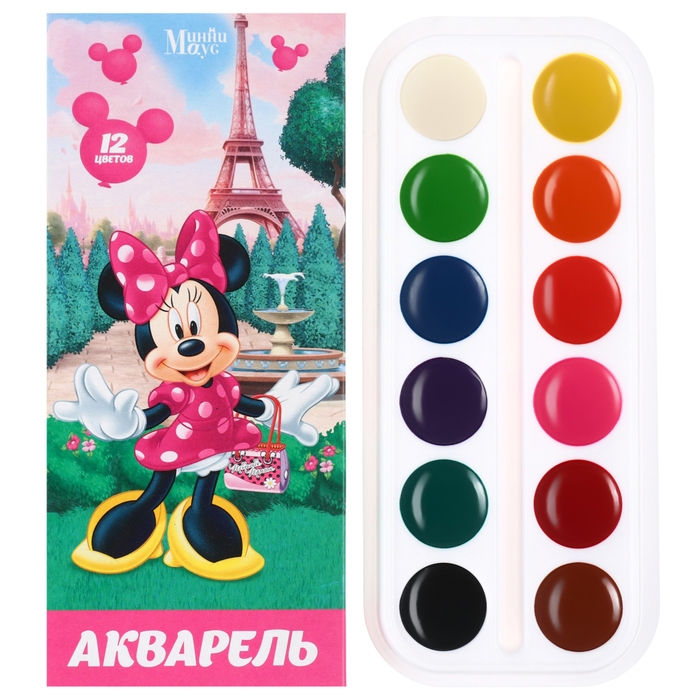 Акварель медовая &laquo;Минни Маус&raquo;, 12 цветов, в картонной коробке, без кисти