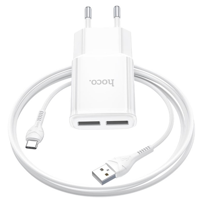Сетевое зарядное устройство Hoco C88A, 2 USB, 2.4 А, кабель Type-C - USB, 1 м, белый Сетевое зарядное устройство Hoco C88A, 2 USB, 2.4 А, кабель Type-C - USB, 1 м, белый