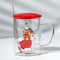 Кружка с ложкой и крышкой стеклянная Дорого внимание &laquo;Зверята&raquo;, 470 мл