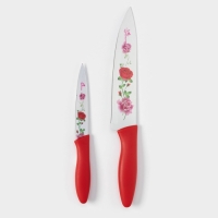 Набор кухонных принадлежностей Доляна &laquo;Нарцисс&raquo;, 3 предмета: 2 ножа с антиналипающим покрытием, лезвие 12 см, овощечистка, 20&times;4 см, цвет красный