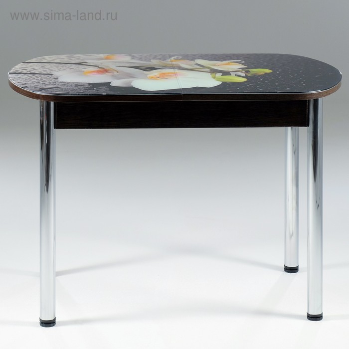 Стол раздвижной с фп Орхидея белая, 1100/1500х700х777, стекло/пояс венге/ноги хром прямые