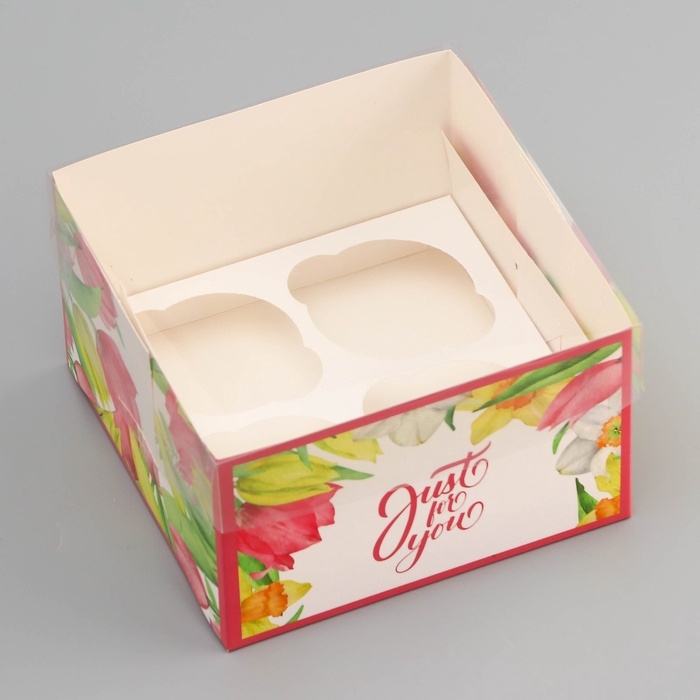 Коробка для 4 капкейка с прозрачной крышкой, Коробка для 4 капкейка с прозрачной крышкой, "Тюльпаны", 16 × 16 × 10 см, кондитерская упаковка