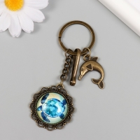 Брелок металл, стекло с карабином "Дельфин и черепашка в медальоне" бронза 9,5 см Брелок металл, стекло с карабином "Дельфин и черепашка в медальоне" бронза 9,5 см