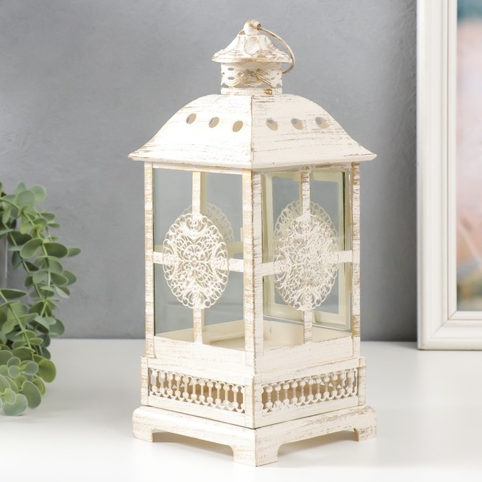 Подсвечник металл, стекло Подсвечник металл, стекло "Фонарь - круглый цветок" белый с патиной 12,5х12,5х30см