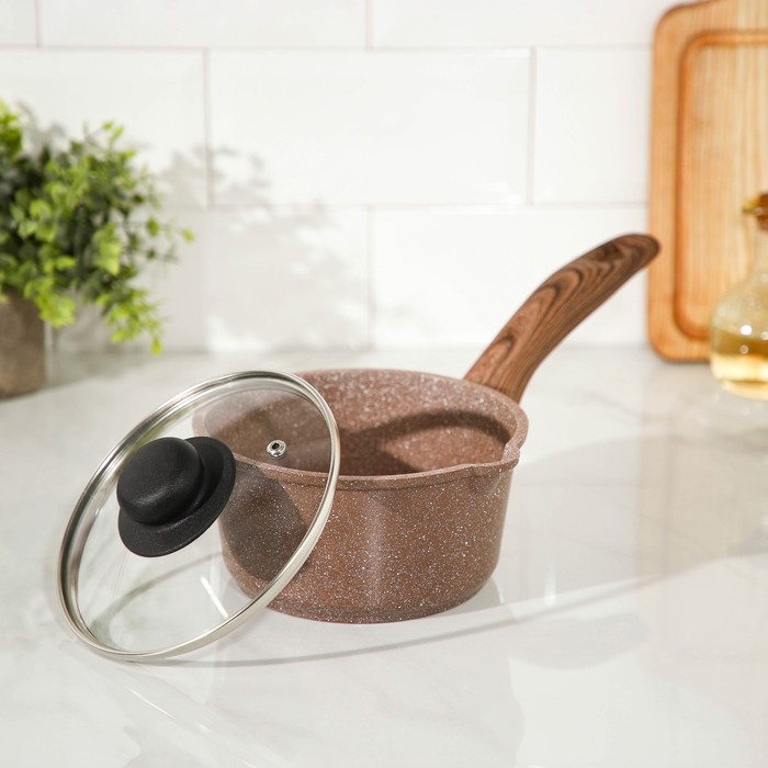 Ковш Доляна &laquo;Брауни&raquo;, 1,3 л, d=17 см, h=8,3 см, стеклянная крышка, антипригарное покрытие, индукция