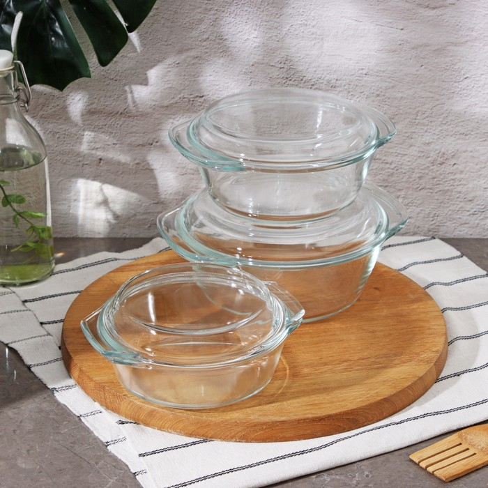 Набор кастрюль из жаропрочного стекла для запекания Доляна &laquo;Гратен&raquo;, 3 предмета: 0,7 л, 1 л, 1,5 л, с крышками