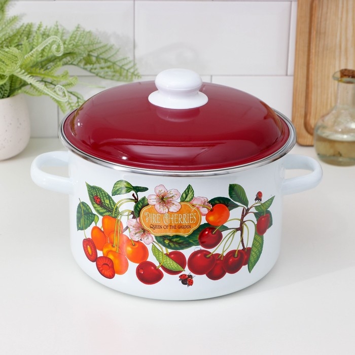 Кастрюля эмалированная &laquo;Черешня&raquo;, 5.5 л, индукция, цвет белый