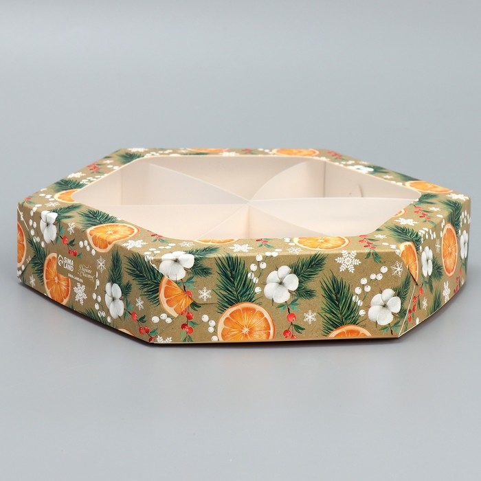 Коробка складная &laquo;Хвоя, хлопок, апельсины&raquo;, 23 х 23 х 4 см, Новый год