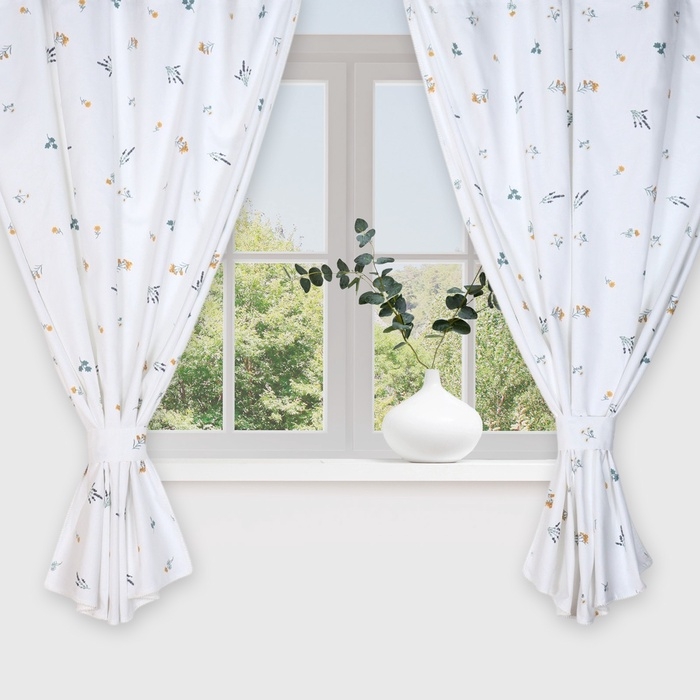 Комплект штор для кухни с подхватами Этель "Полевые цветочки", 150х180 см - 2 шт,  рогожка 176 г/м2