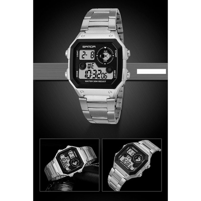 Часы наручные электронные мужские, d-4.4 см, будильник, календарь, ремешок металл, серебро Часы наручные электронные мужские, d-4.4 см, будильник, календарь, ремешок металл, серебро