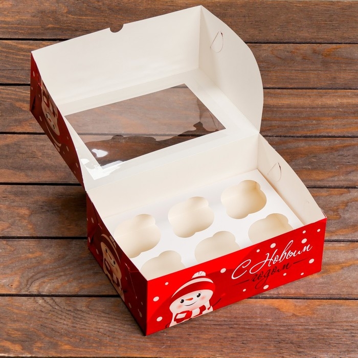 Упаковка на 6 капкейков с окном "Милый снеговик", 25 х 17 х 10 см