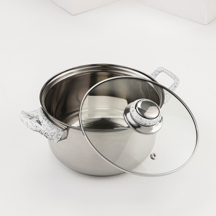 Набор посуды из нержавеющей стали Доляна &laquo;Мрамор&raquo;, 8 предметов: ковш 1,5 л, 2 кастрюли 2/3 л, сковорода d=24 см, крышки, стенки 0,3 мм, дно 5 мм