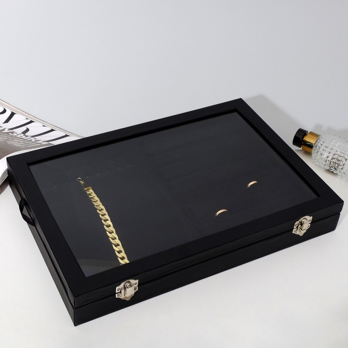 Подставка для украшений «Шкатулка» 10 крючков и 7 полос , 35×24×5, стеклянная крышка, цвет чёрный Подставка для украшений «Шкатулка» 10 крючков и 7 полос , 35×24×5, стеклянная крышка, цвет чёрный