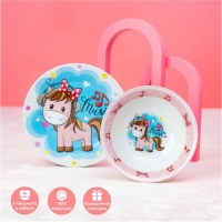 Набор детской посуды из керамики Доляна «Маленькая лошадка», 3 предмета: кружка 230 мл, миска 400 мл, тарелка d=18 см, цвет белый Набор детской посуды из керамики Доляна «Маленькая лошадка», 3 предмета: кружка 230 мл, миска 400 мл, тарелка d=18 см, цвет белый