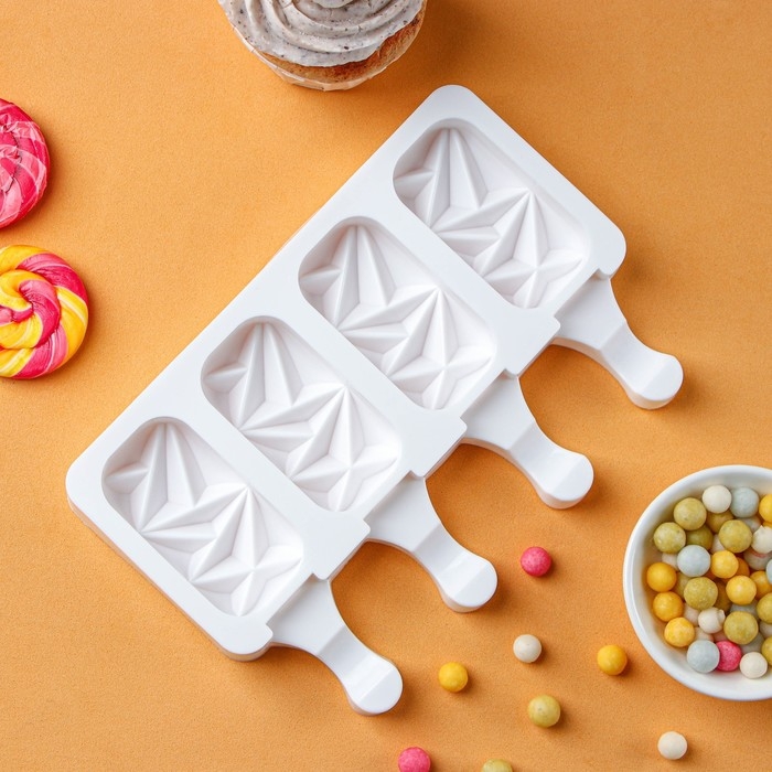 Форма для мороженого «Кристалл», силикон, 19×12,5×2,2 см, 4 ячейки, цвет белый Форма для мороженого «Кристалл», силикон, 19×12,5×2,2 см, 4 ячейки, цвет белый