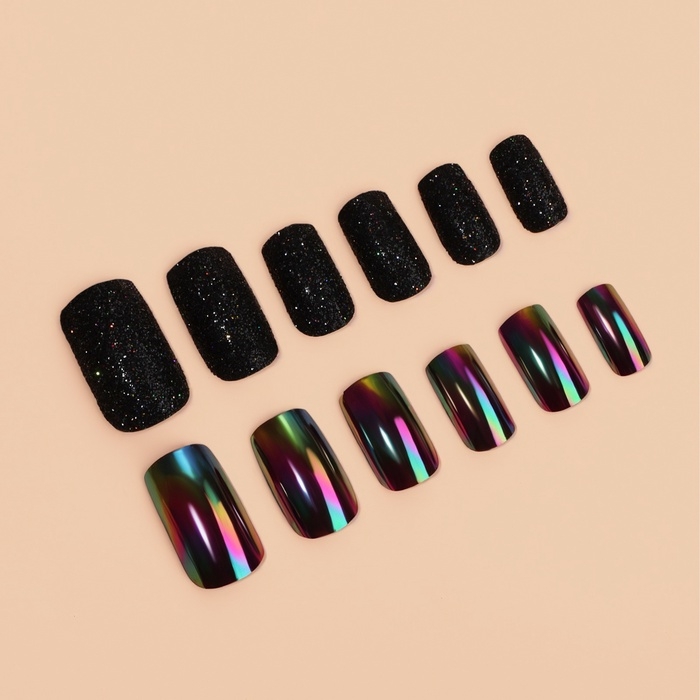 Накладные ногти &laquo;Ночь&raquo;, 12 шт, с блёстками и голографией, с клеевыми пластинами, форма мягкий квадрат, чёрные