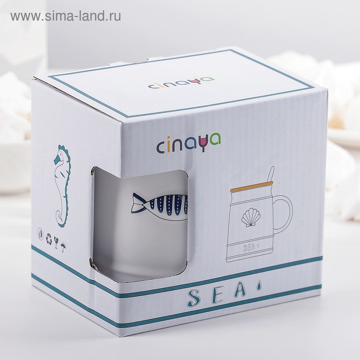 Кружка керамическая с деревянной крышкой и ложкой &laquo;Морская&raquo;, 400 мл, рисунок МИКС