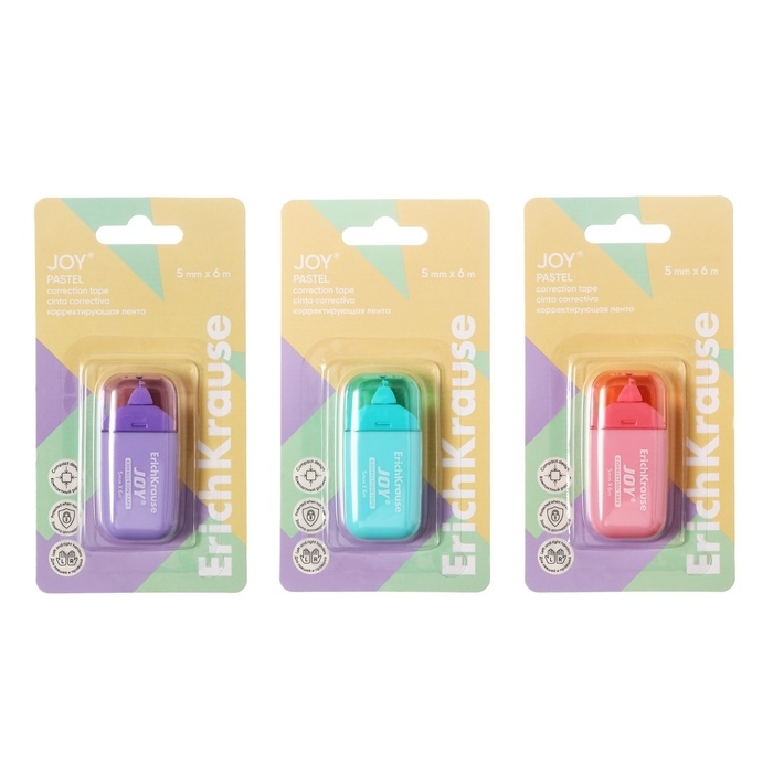 Корректирующая лента 5 мм х 6 м, ErichKrause JOY Pastel, компактный размер, защитный колпачок, микс, блистер Корректирующая лента 5 мм х 6 м, ErichKrause JOY Pastel, компактный размер, защитный колпачок, микс, блистер